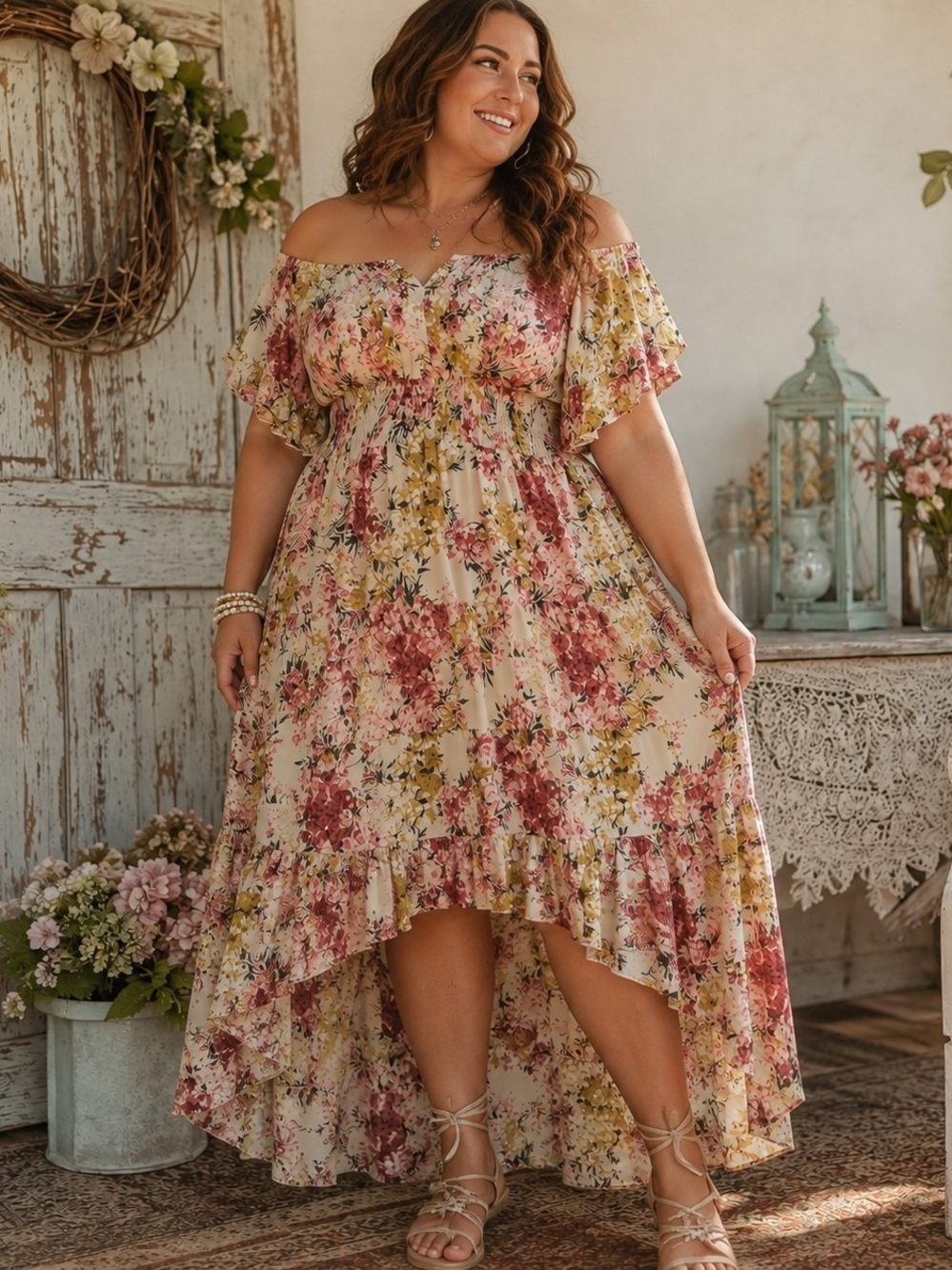 Umgee Cream Floral Off-Shoulder High-Low Dress with Pink and Mustard Blooms XL